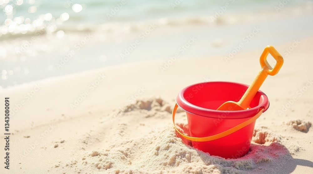 Red plastic bucket with yellow shovel on sandy beach near ocean waves. Summer vacation and childhood play concept with copy space Red plastic bucket with yellow shovel on sandy beach near ocean waves. Summer vacation and childhood play concept with copy space
