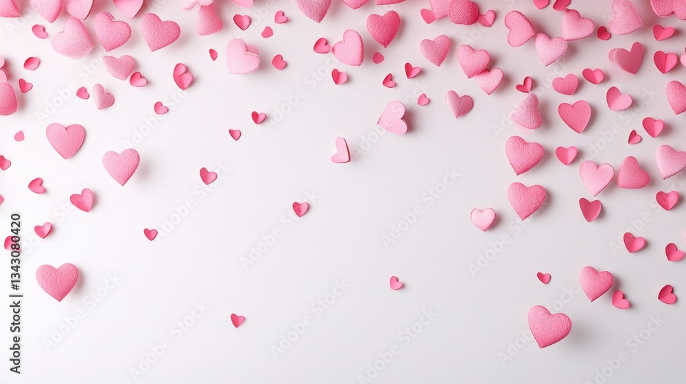 A beautiful Valentine Day backdrop with pink hearts floating down over a white background, creating a sweet, romantic atmosphere. A beautiful Valentine Day backdrop with pink hearts floating down over a white background, creating a sweet, romantic atmosphere.