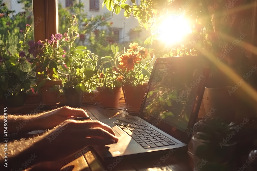 Fototapeta premium Sunny Workspace Laptop Plants and Golden Hour