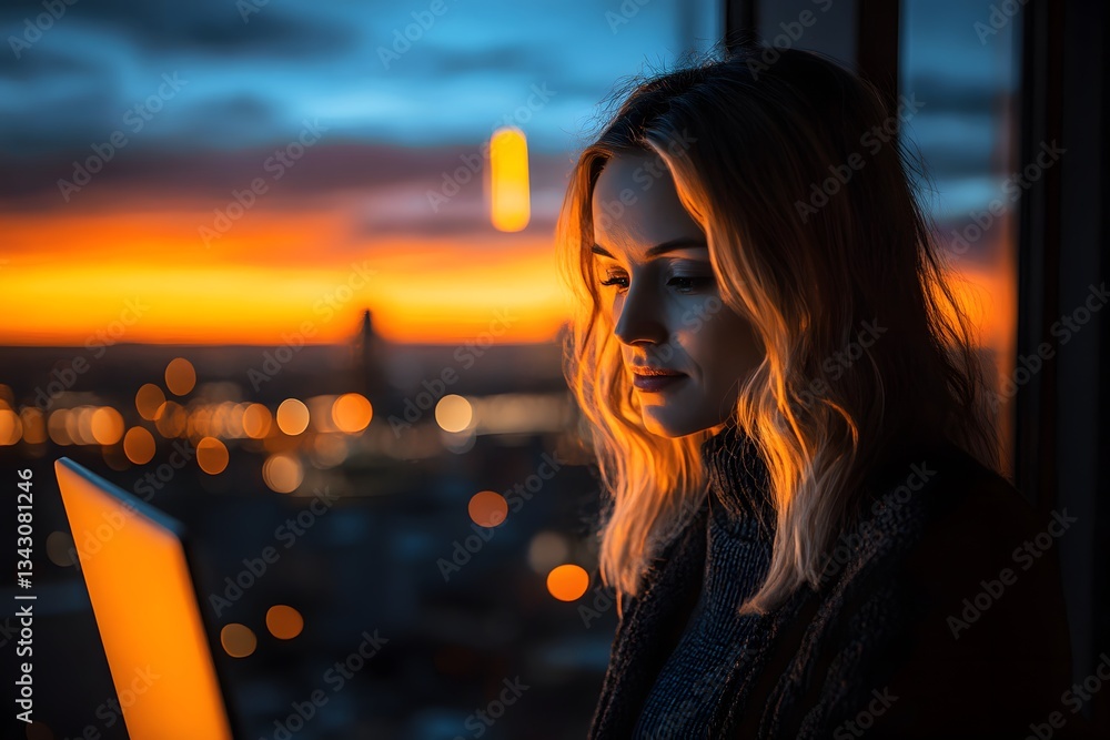 Obraz premium Woman Working on Laptop at Sunset City View
