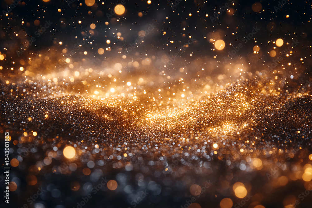 Fototapeta premium Golden and Silver Stardust Explosion Against Deep Space Starry Night, A Celestial Symphony of Sparkling Light and Radiant Particles in a Cosmic Dance of Brilliance