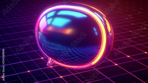 futuristic speech bubble with metallic finish, glowing in vibrant colors against digital grid background, evokes sense of modern communication