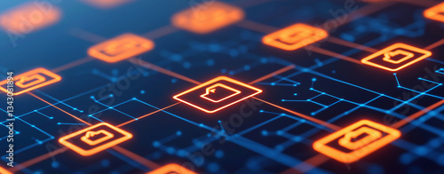 glowing representation of digital network with interconnected icons, showcasing technology and innovation in vibrant, modern design