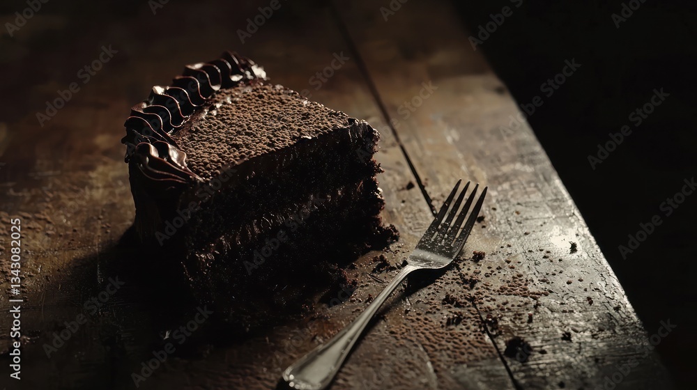 Delicious chocolate cake slice on rustic wood. Delicious chocolate cake slice on rustic wood.