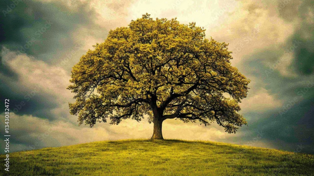 Fototapeta premium A quiet countryside under a heavy overcast sky, with a lone tree standing against the gray horizon.
