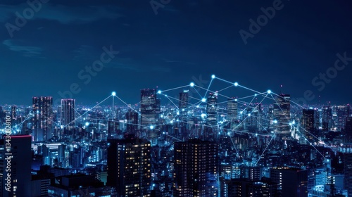 Wallpaper Mural Night city network, aerial view, illuminated buildings, digital connections, stock photo Torontodigital.ca