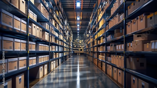 Wallpaper Mural Warehouse Interior with Rows of Shelves and Cardboard Boxes for Storage Torontodigital.ca