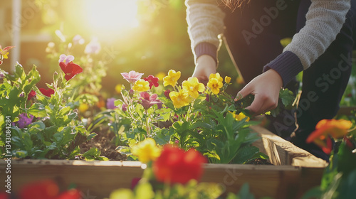 Gardener planting colorful spring flowers in a raised garden bed. Bright blooms, rich soil, and careful hands capture the joy of seasonal gardening and vibrant outdoor life.