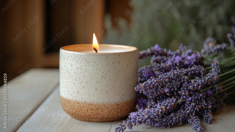 Serene Candle and Lavender: A lit candle in a ceramic holder rests beside a bouquet of fresh lavender, evoking a sense of tranquility and the inviting ambiance of a spa. Serene Candle and Lavender: A lit candle in a ceramic holder rests beside a bouquet of fresh lavender, evoking a sense of tranquility and the inviting ambiance of a spa.