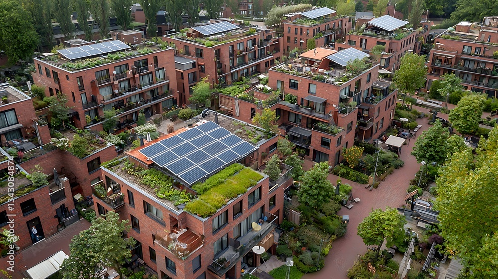 Fototapeta premium Urban sustainable housing complex with rooftop gardens and solar panels