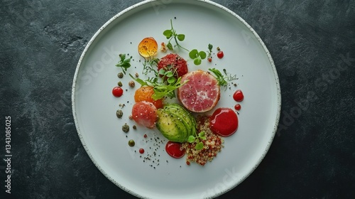 Fototapeta Naklejka Na Ścianę i Meble -  Culinary Harmony: A meticulously crafted dish features an array of colorful ingredients and artistic plating, showcasing culinary artistry in a fine dining experience.