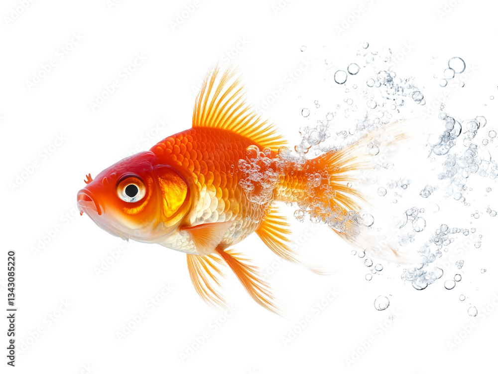 Fototapeta premium Goldfish in profile with bubbles on png and transparent background