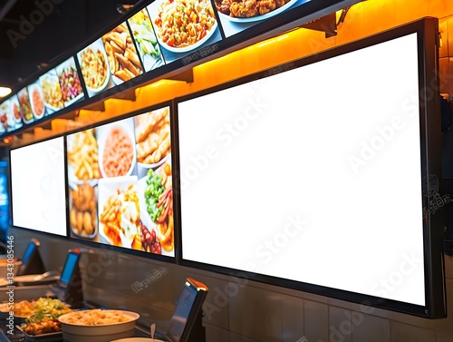 Digital Menu Board in a Restaurant Featuring Blank and Food Image Sections