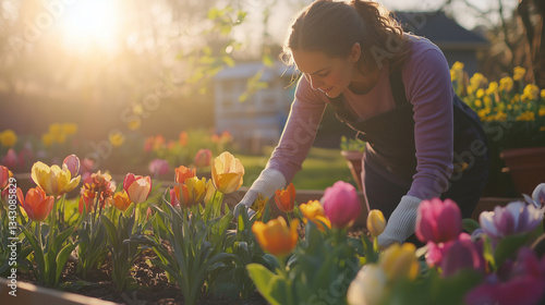 Gardener planting colorful spring flowers in a raised garden bed, creating a vibrant, lively scene of blooming plants, rich soil, and joyful seasonal gardening.