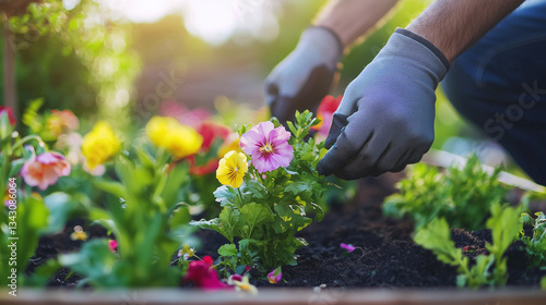Gardener planting colorful spring flowers in a raised garden bed, creating a vibrant, lively scene of blooming plants, rich soil, and joyful seasonal gardening.