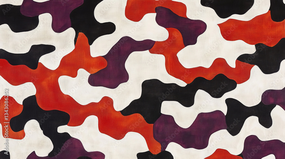 Abstract pattern with random shapes in red, black, purple, and white, creating modern and dynamic backdrop. design features camouflage like appearance with textured surface Abstract pattern with random shapes in red, black, purple, and white, creating modern and dynamic backdrop. design features camouflage like appearance with textured surface