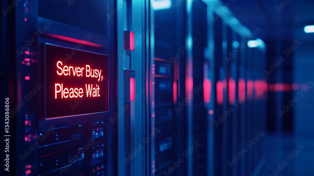 A data center room with server racks displaying a glowing A data center room with server racks displaying a glowing