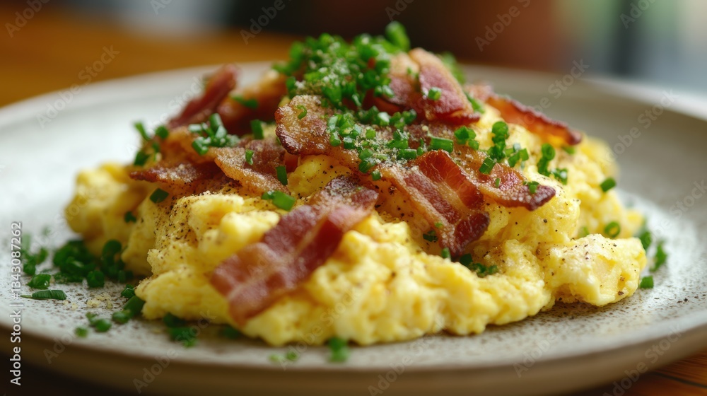A plate piled high with golden scrambled eggs and crispy bacon, a symphony of textures and flavors, a culinary masterpiece ready to nourish the body. A plate piled high with golden scrambled eggs and crispy bacon, a symphony of textures and flavors, a culinary masterpiece ready to nourish the body.