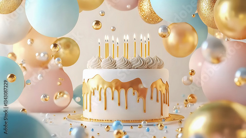 A beautifully decorated birthday cake with dripping golden icing, topped with whipped cream and lit candles, surrounded by pastel-colored balloons in shades of blue, gold, and pink, with floating gold