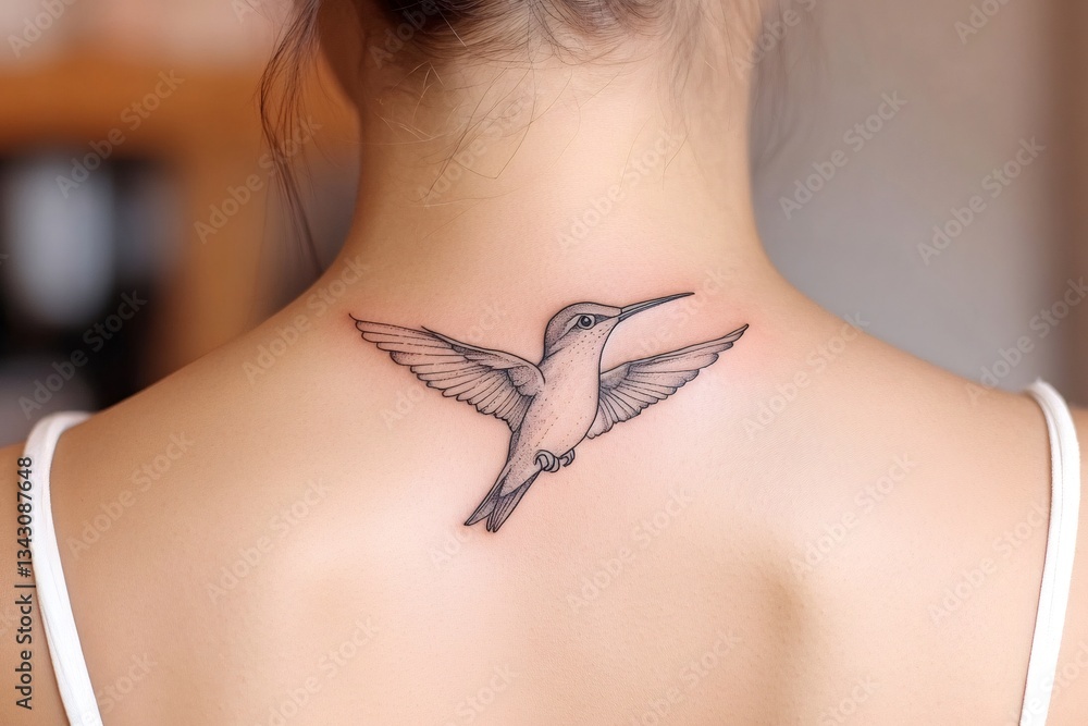 Naklejka premium Woman with hummingbird tattoo flying on her back