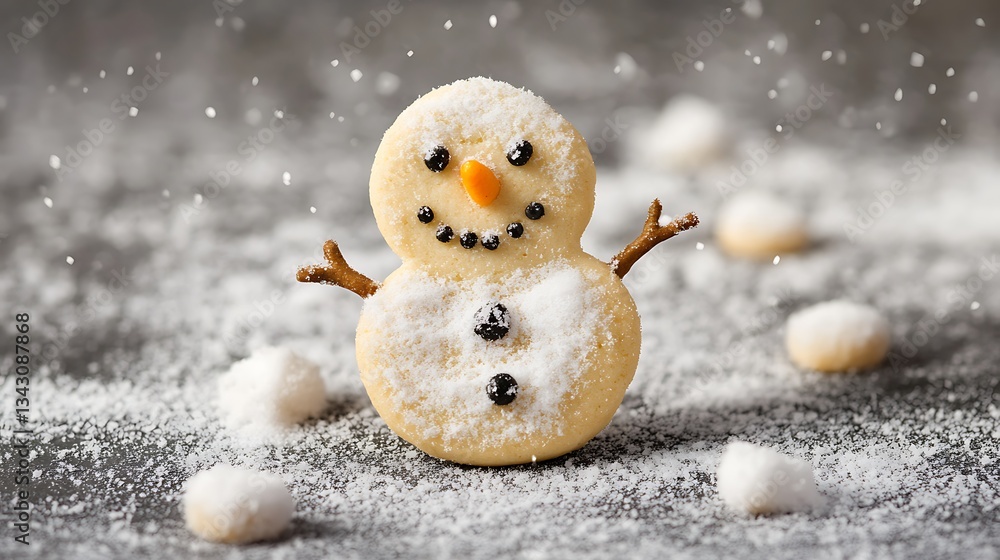 Obraz premium Cookie in the form of a snowman on gray table sprinkled with snow
