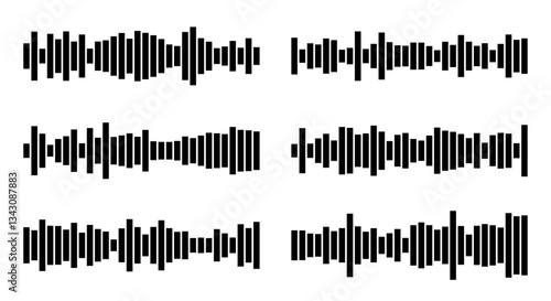 Set of audio tracks with variable frequencies. wave Sound signal with high low frequency amplitudes. Simple black and white vector isolated on white background