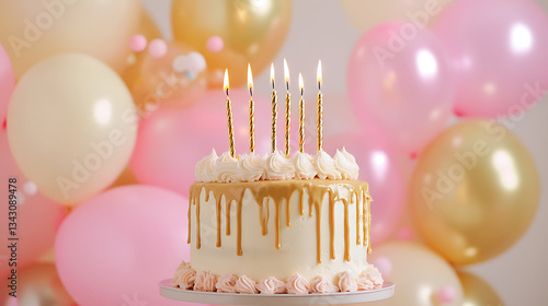 A stunning birthday cake with golden drips, creamy frosting, and candles, set against a festive backdrop of pastel and metallic balloons, with floating pearls enhancing the dreamy atmosphere.