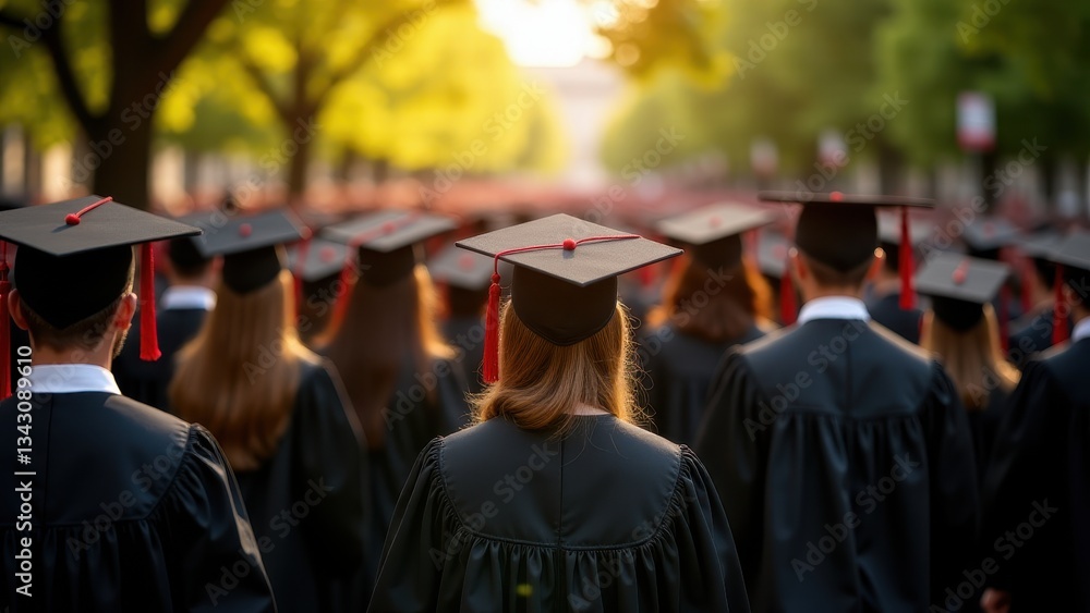 Graduates in caps and gowns walking at a university commencement ceremony at sunset. A symbol of academic success and new beginnings. Graduates in caps and gowns walking at a university commencement ceremony at sunset. A symbol of academic success and new beginnings.