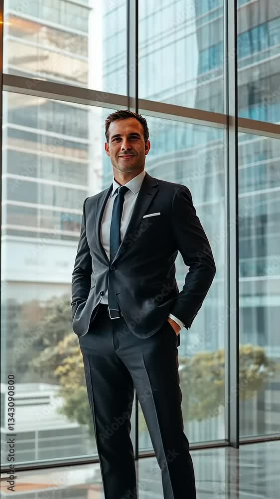 Business professional in a suit stands confidently by large windows in a modern office setting Business professional in a suit stands confidently by large windows in a modern office setting