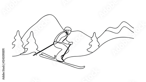 Skier Downhill Skiing Mountain Winter Sport Line Art Drawing