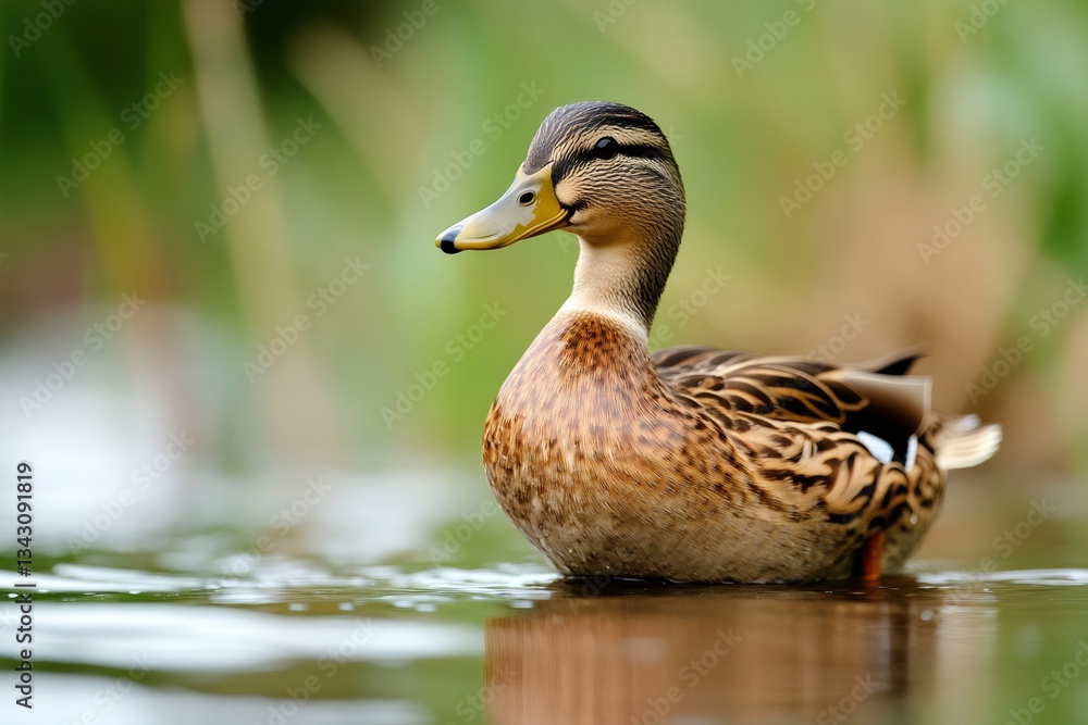 Female mallard duck swimming on calm water with blurred green background Female mallard duck swimming on calm water with blurred green background