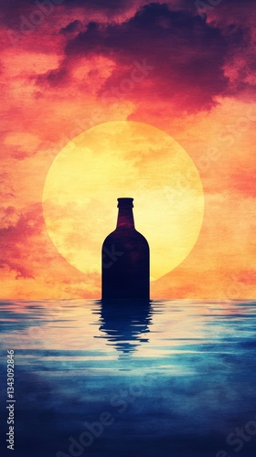 Silhouette of a wine bottle in the ocean at sunset. A serene and mysterious image.