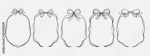 Set of hand drawn bow ribbon border frame. whimsical wavy line art border for wedding invitation, birthday card, holiday frame