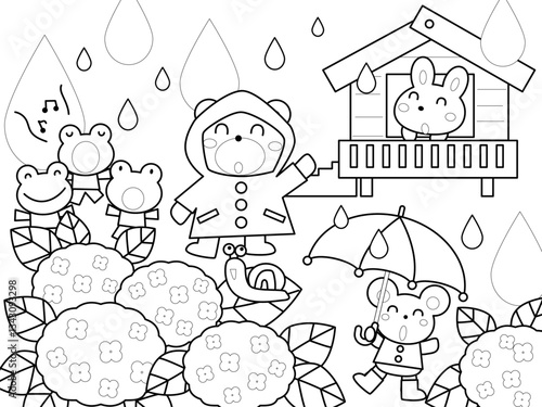 梅雨を楽しむ動物たちの塗り絵