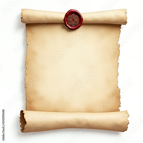 Old parchment scroll with red wax seal, isolated on white, perfect for historical document or message