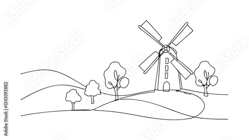 Continuous Line Drawing Windmill, Hills, Trees, Rural Landscape