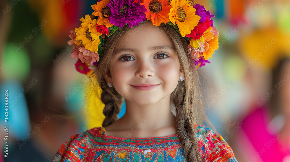 Smiling Girl in Traditional Mexican Dress and Flower Crown Smiling Girl in Traditional Mexican Dress and Flower Crown