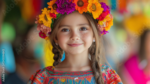 Smiling Girl in Traditional Mexican Dress and Flower Crown