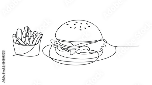 SingleLine Drawing Delicious Burger and Crispy French Fries