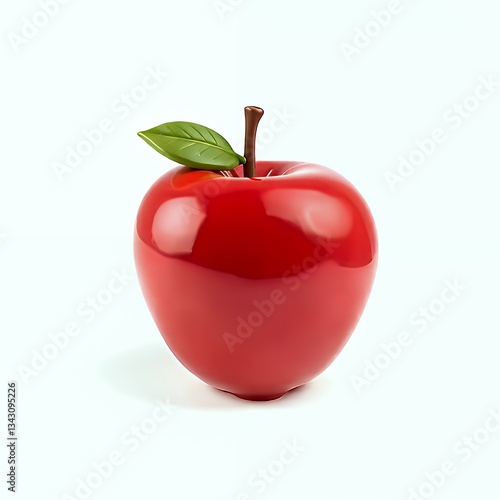 Glossy red apple with water droplets and green leaf, isolated on white, perfect for fresh fruit and healthy eating visuals