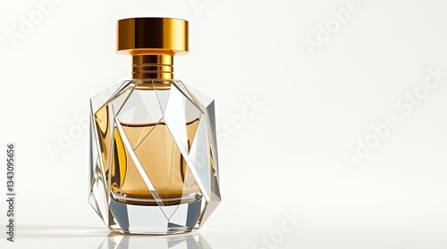 Modern geometric perfume bottle with golden liquid and metallic cap, on soft light background, showcasing luxury and design