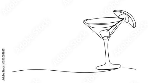 Elegant Martini Cocktail, SingleLine Art, Citrus Garnish, Summer Drink