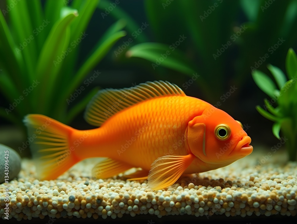 Vibrant orange fish resting on gravel substrate surrounded Vibrant orange fish resting on gravel substrate surrounded