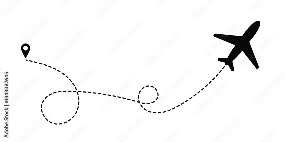 Airplane routes in dashed line trace. Plane route lines of aircraft tracking, location pins, planes, travel, map pins on white background. Vector illustration for infographic, map, track in eps 10. Airplane routes in dashed line trace. Plane route lines of aircraft tracking, location pins, planes, travel, map pins on white background. Vector illustration for infographic, map, track in eps 10.