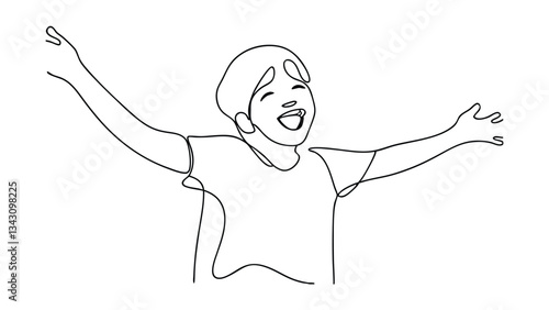 Joyful Child Line Art Drawing, Happy Expression, Open Arms