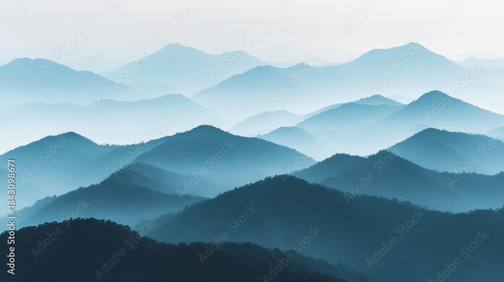 Naklejka premium serene watercolor landscape of misty blue mountains layered against soft sky, evoking tranquility and depth