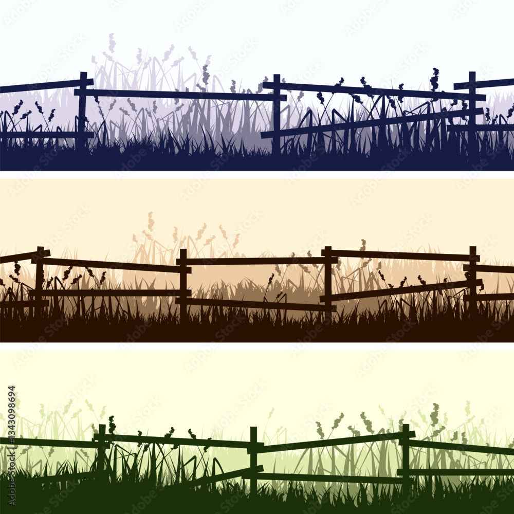Fototapeta premium Meadow silhouettes with grass and old wooden fence. Countryside, panoramic summer lawn rural landscape with herbs, weeds. Herbal border, frame element. Brown horizontal banners. Vector illustration