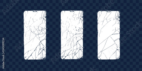A broken phone screen. A smartphone with a cracked screen. Realistic texture of the cracked device display. A set of isolated objects for the design.