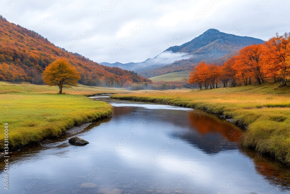 Fototapeta premium Serene river flowing through autumn landscape in Oze National Park