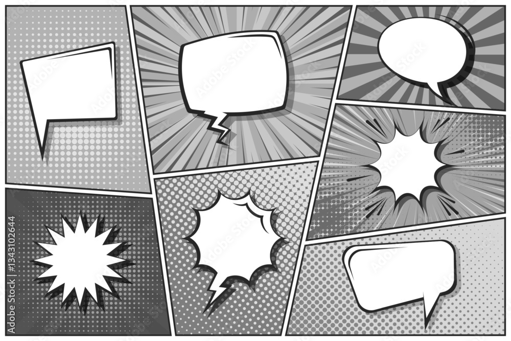Cartoon comic backgrounds set. Speech bubble. Comics book black and white poster with halftone elements and radial lines. Retro Pop Art style. Vector illustration